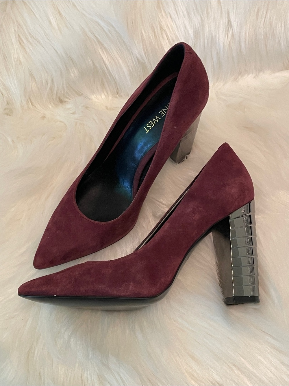 NWOT - Nine West Wine Suede Pewter Block Heel Pumps